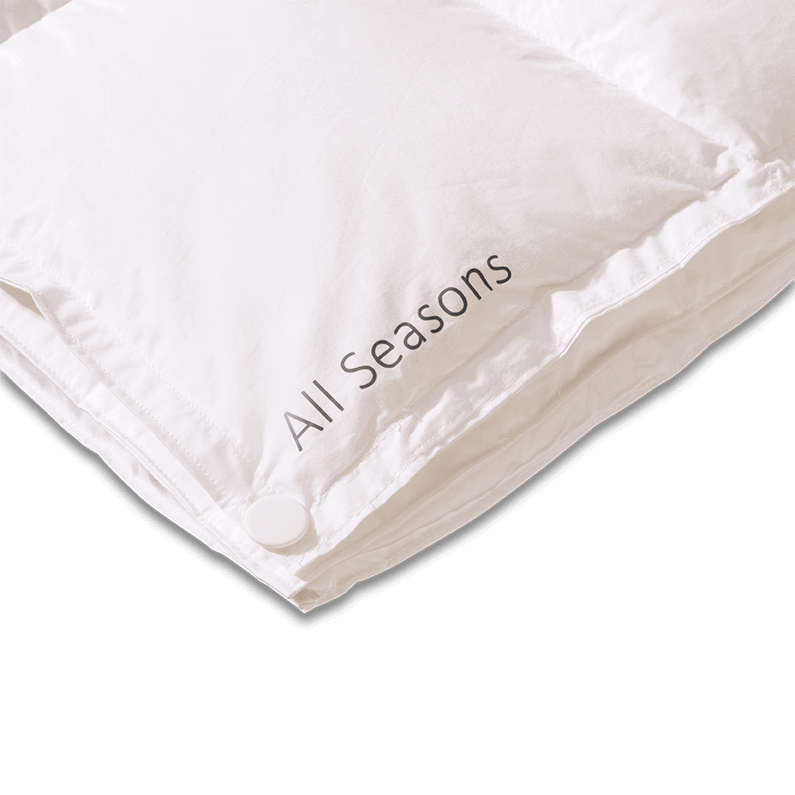 Close-up of the Superior DUO 4 Jahreszeiten Daunendecke corner with "All Seasons" text, showcasing versatility and comfort.