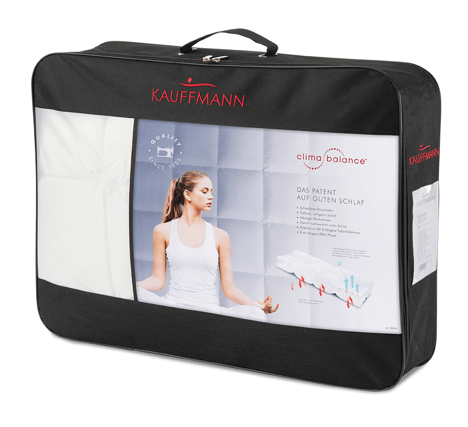 Climabalance Daunendecke in Verpackung mit CLIMABALANCE Technologie für optimale Schlaftemperatur und Feuchtigkeitsregulierung