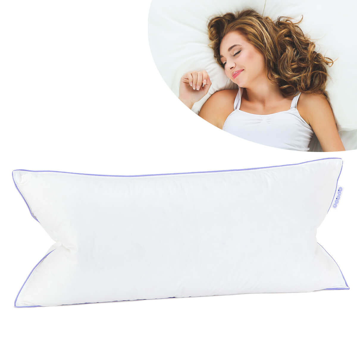 Woman sleeping comfortably on a Nordic.Trio pillow, highlighting its quality and comfort.