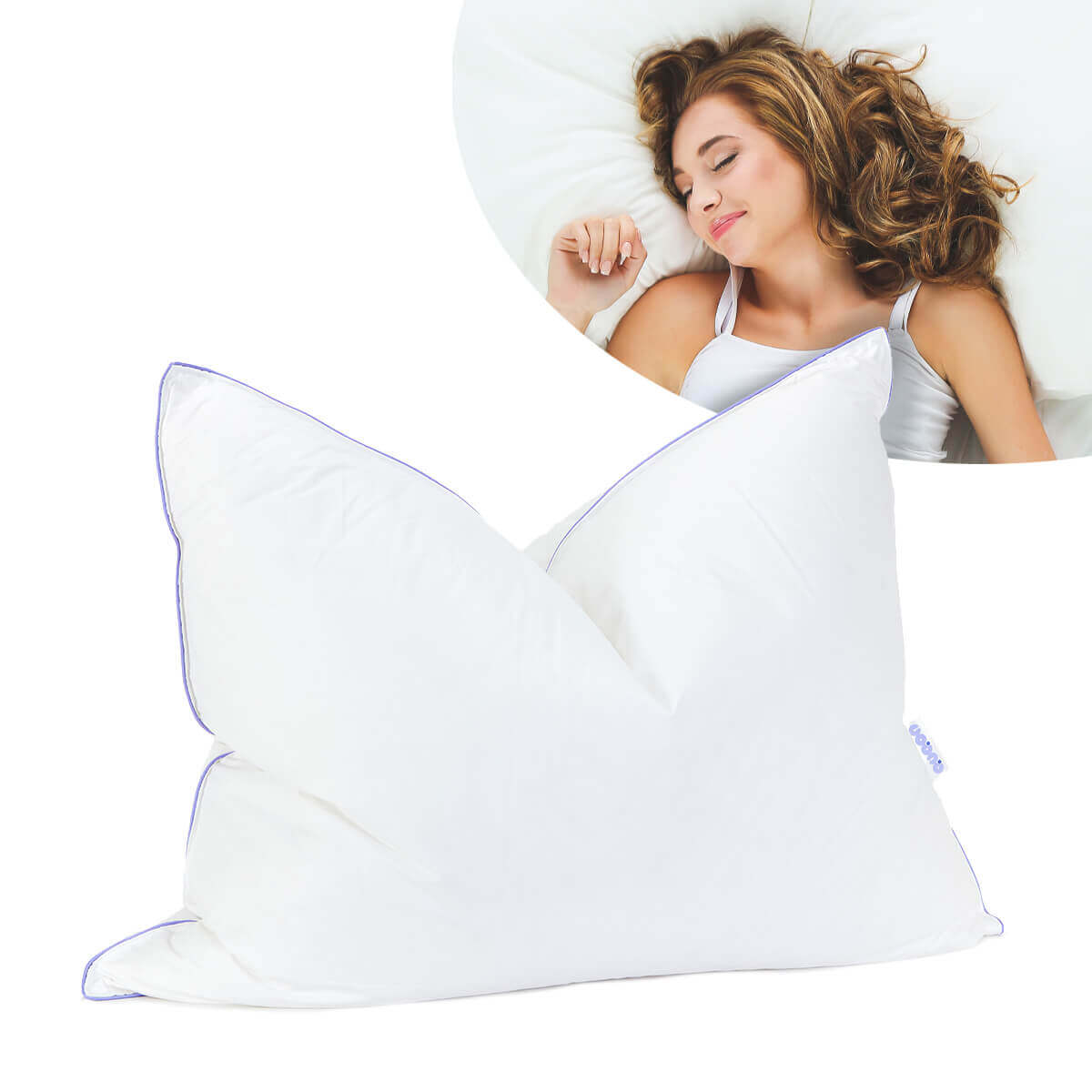 Woman sleeping peacefully on Daunenkissen Nordic pillow showcasing German craftsmanship and comfort.