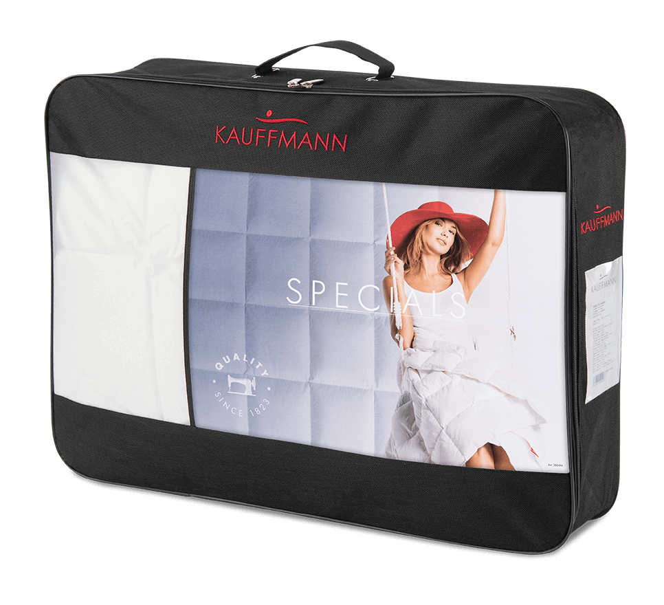 "Kauffmann Norddaune Daunendecke Verpackung mit elegantem Design und Qualitätssiegel"
