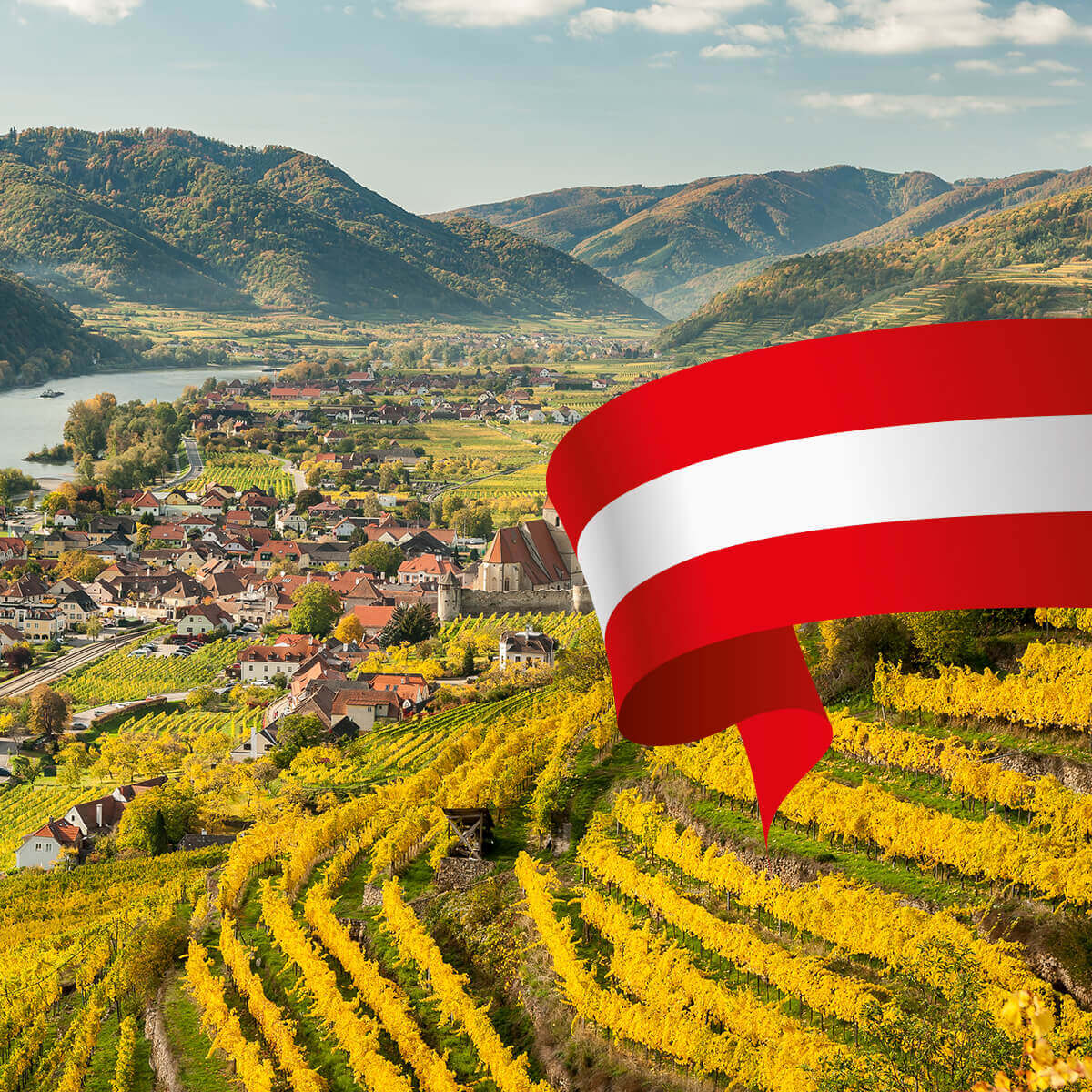 Austrian countryside landscape with vineyards and mountains, featuring a red and white ribbon symbolizing Austria.